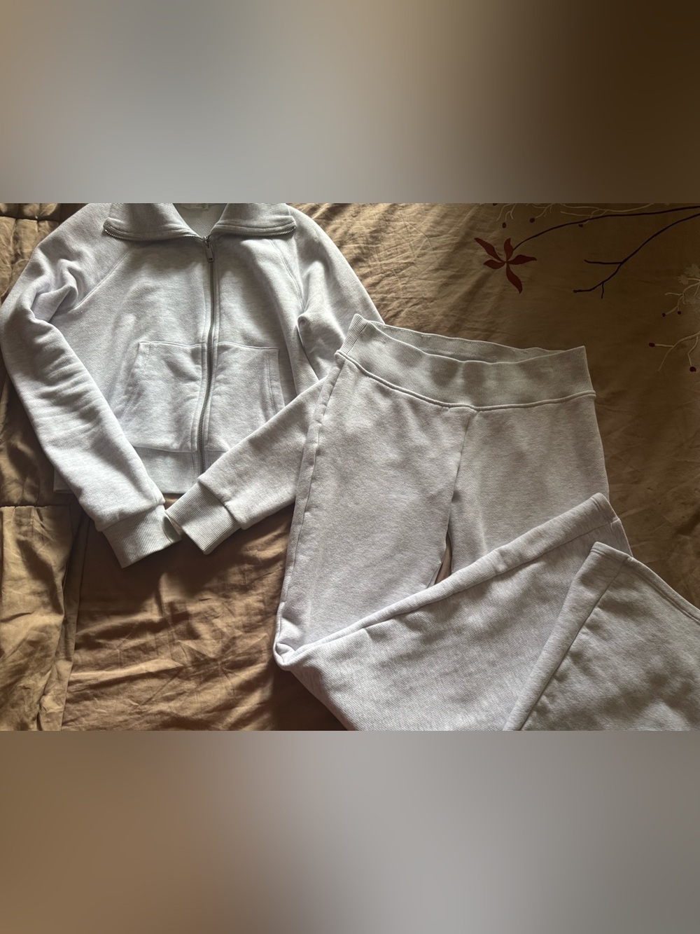 Zara Plush Zip-Up Jacket with Flare Fleece Pants - Light Gray Tracksuit